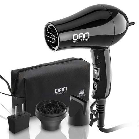 Dan Technology - Travel Hair Dryer, Compact Hair Dryer, Portable Mini Hair Dryer with Concentrator and Diffuser, European Hair Dryer with Euro Plug, Folding Handle, Lightweight, Dry