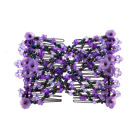 Ruihfas Casualfashion Vintage Beaded Crystal Flower Easy Stretchy Double Clips Hair Comb Hair Accessories (Purple)