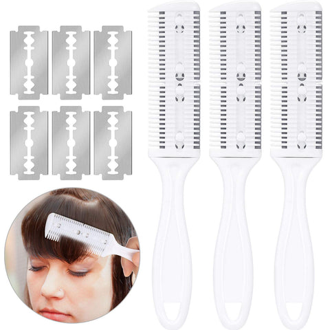 3 Pieces Razor Comb with 10 Pieces Razors, Hair Cutter Comb Cutting Scissors, Double Edge Razor (White with Handle)