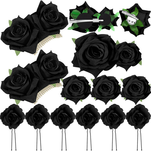 12 Pieces Rose Flower Hair Clip Rose Bridal Hair Pins Rose Brooch Wedding Hair Accessories for Women Girl Party Wedding (Black)