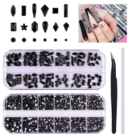 Black Nail Art Rhinestones Crystal EBANKU 3120Pcs 3D Rhinestones Gems Jewels Diamond for Nail Decorations with Wax Pen Tweezers