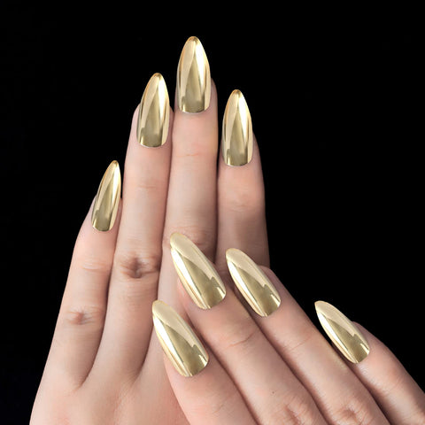 24pcs 12 Different Size Stiletto Gold Magic Mirror Reflection Medium Length Full Cover False Nails with Design (gold)