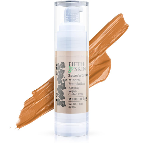 Better'n Ur Skin Organic Liquid Foundation Makeup (MEDIUM TAN - Warm, Old Name Sandalwood) | Buildable Coverage | Vegan | Cruelty Free | Sun Protection | Gluten Free | Non GMO | Palm Free | 1 OZ