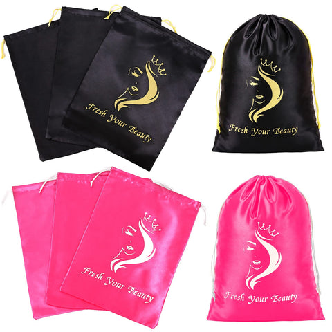 Silk Satin Bags for Wigs - 6pcs Satin Wig Bags Drawstring Statin Bags Large Wig Bag for Packaging Wigs Bundles Hair Extensions Travel And Wig Storage (Mix Black and Pink)