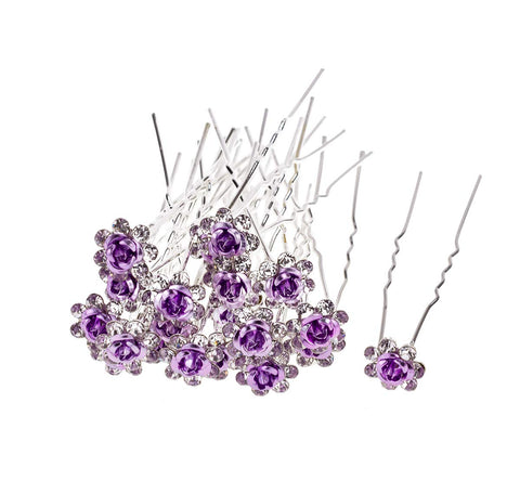 AKOAK 20 Pcs/Lot Women Wedding Bridal Clear Crystal Rhinestone Rose Flower Hair Pin Clips Hair Accessories Jewelry Barrettes Headwearï¼ˆPurpleï¼‰