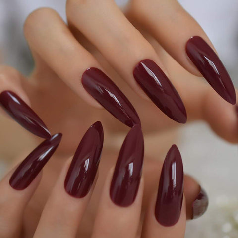CoolNail Glossy Burgundy Brown Red Press on False Nails Extra Long Stiletto Pointed UV Gel Sharp End Fake Fingersnails Easy Apply