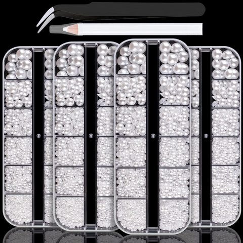 Belleboost Flat Back Pearls Kits 4 Boxes of Flatback White Half Round Pearls with Pickup Pencil and Tweezer for Home DIY and Professional Nail Art, Face Makeup and Craft