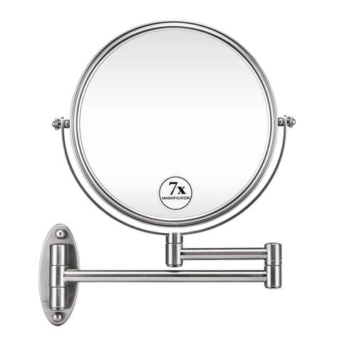 GloRiastar 7X Wall Mounted Makeup Mirror - Double Sided Magnifying Makeup Mirror for Bathroom, 8 Inch Extension Polished Brushed Nickel Finished Mirror