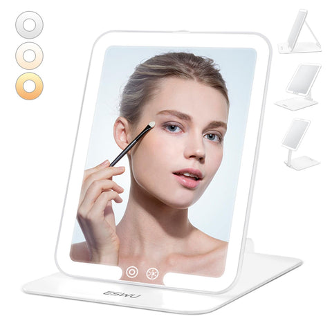 ESWU Travel Makeup Mirror with Light, Portable Folding Make Up Tabletop Mirror with 58 LEDs 3 Colors Light Modes Rechargable Compact Vanity Mirror with Adjustable Stand (Black)