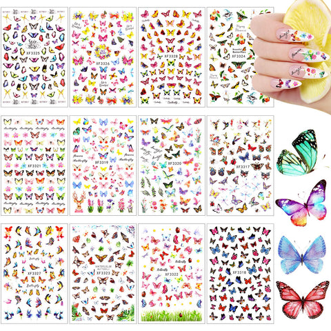 24 Sheets Butterfly Nail Art Stickers Colorful Butterfly Flower Nail Stickers Mixed Design Self-Adhesive Nail Decals Butterfly Manicure Sticker for Women Girl Nail Decorations, 12 Styles