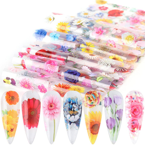 Flowers Nail Art Foil Transfer Stickers Decals, Holographic Floral Nail Art Design, Sky Starry Paper Transfer Foils Nails Supplies for Women Girls Manicure Decoration Nail Accessories Set(10 Sheets)