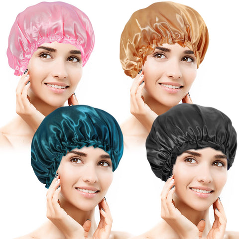 4 Pack Satin Bonnets Sleep Caps,Soft Elastic Satin Bonnet,Silky Hair Bonnet,Comfortable Silk Bonnet,Satin Night Hair Caps for Women,Satin Silk Bonnet for Sleeping (Gold,Pink,Green,Black)