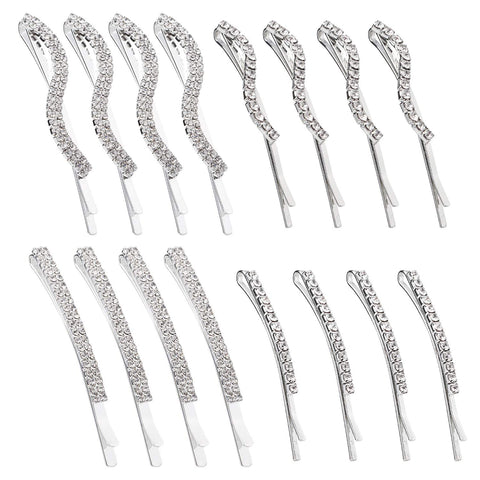 Folansy 16 Pieces Clear Rhinestone Bobby Pin Crystal Hair Pin Metal Hair Clips Decorations for Lady Women Girls,4 Styles Silver