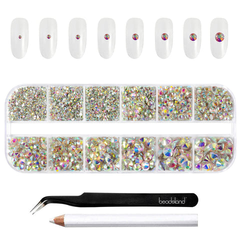 Beadsland 2500Pcs Crystal AB Nailart Rhinestones Crystal Flatback Gems Round Crystal AB Rhinestones Kit 8 Sizes SS4~SS30 with Picking Tweezer and Pen (Clear AB)