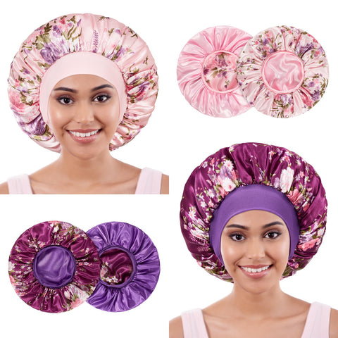 2 pcs Reversible Bonnet Silk Bonnet for Sleeping Satin Bonnet for Women, Double Layer Two-Color Sleep Cap for Curly Hair, Set C, One Size