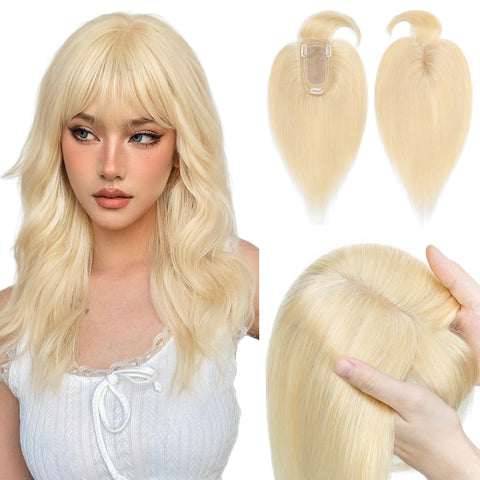 Hairro 18 Inch Clip in Human Hair Silk Base Topper with Bangs for Women Bleach Blonde Long Crown Top Clip on Toupee Extensions 7x13cm Base with 3 Clips Filler Hairpiece with Fringe #613