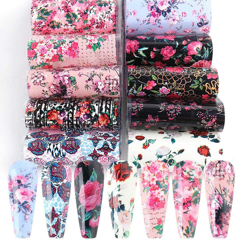 BSBTBZ Retro Flower Nail Art Foil Transfer Stickers, 10pcs Multicolor Floral Holographic Rose Flowers & Starry Sky Design, Aluminium Foil Material, Safe & Reusable for Nails & DIY Crafts