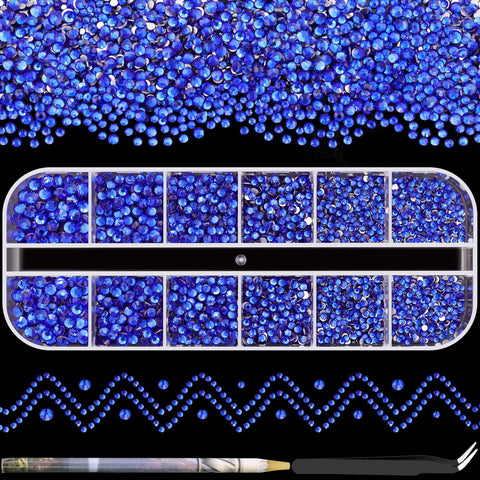 3600pcs Royal Blue Round Rhinestones 1.8-4mm Flatback for Manicure, 6 Multi Sizes Nail Art Shine Crystal Gem Diamond Bling Set with Tweezer and Pickup Pencil