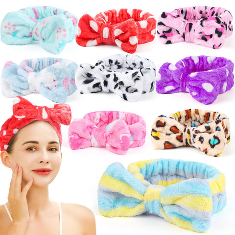 Teenitor 9pcs Bow Headbands,Soft Carol Fleece Hairlace Hairbands for Washing Face Makeup Shower, Women Fuzzy Headbands Spa Party Headbands