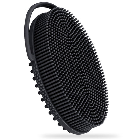 FREATECH Exfoliating Silicone Body Scrubber with Built-in Loop Handle, Dual-Sided Bath Shower Body Brush for Deep Cleansing and Massage, Easy to Hold and Hang, Hygienic and Long-Lasting, Black