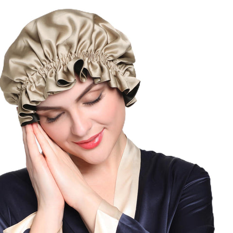 LILYSILK Pure Silk Lined Cap for Women Sleep, Double Layered, Adjustable Ribbons, Luxury Natural Silk Bonnet Cap for Sleeping Coffee+Black