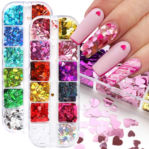Macute Heart Nail Glitter Sequins Set of 24 Colors Holographic Heart Nail Confetti 3D Laser Heart Shape Nail Decals Flakes Ultra-Thin Nail Accessory Glitters Heart for Nail Art Decor Valentineâ€â„
