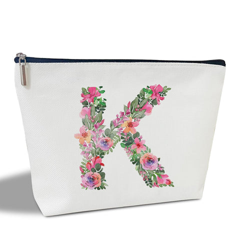 Initial Letter K Gifts for Women Mom Friend Besties Sister, Flower Monogrammed Makeup Bag, Cosmetic Travel Bag with Zipper for Mother's Day Wedding Graduation, Bride Bridesmaid Pouch Toiletry Bag - 11, White
