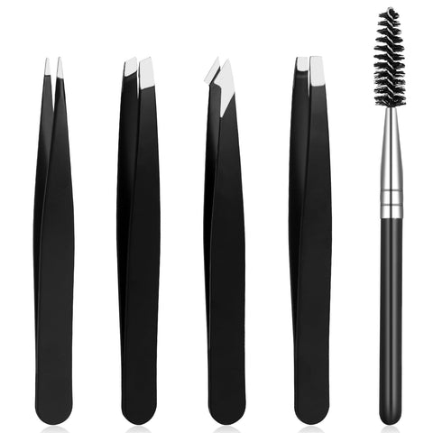Tweezers Set, Stainless Steel Eyebrow Tweezer, Professional Eyebrow Tweezer Set for Facial Hair, Inward Growing Hair and Splinter Remover Kit, Suitable for Women and Men, 5-Piece Set (Black)