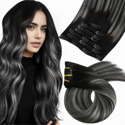 Moresoo 16 inch Clip in Human Hair Extensions Balayage Black Hair Extensions 1B to Silver Grey Clip in Real Hair Double Weft 120g/pack Full Head Set Black to Grey Silver Balayage Clip ins