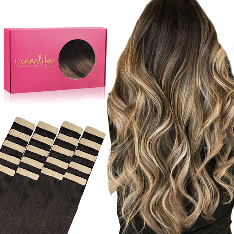 WENNALIFE Tape in Human Hair Extensions, 20pcs 50g Dark Brown to Chestnut Brown and Dirty Blonde Remy Hair Extensions 14 inch Silky Straight Human Hair Extensions Skin Weft Tape Hair Extensions