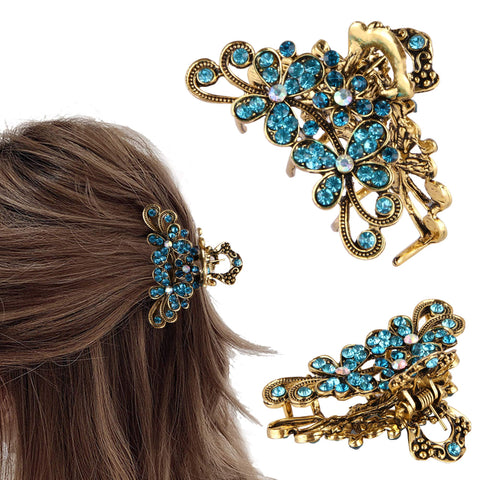 Crownguide Vintage Rhinestone Hair Claw Crystal Jaw Clips,Metal Alloy Fancy Hair Barrette Decorative Flowers Hair Clasps Accessories for Women Thick Hair Sky Blue