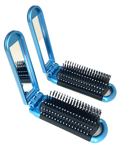 2 BLUE ALAZCO Folding Hair Brush With Mirror Compact Pocket Size Travel Car Gym Bag Purse Locker Swimming Camping Sleepovers and more