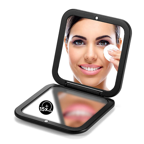 OMIRO Folding Compact Mirror, 1X/15X Magnification 3½” Pocket Size Square Hand Mirror for Travel Makeup (Black)