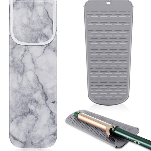2 Pieces Flat Iron Travel Case Heat Resistant Curling Iron Neoprene Holder and Silicone Mat for Hair Tools Curling Iron Organizer Bag or Travel Daily Use (Marble)