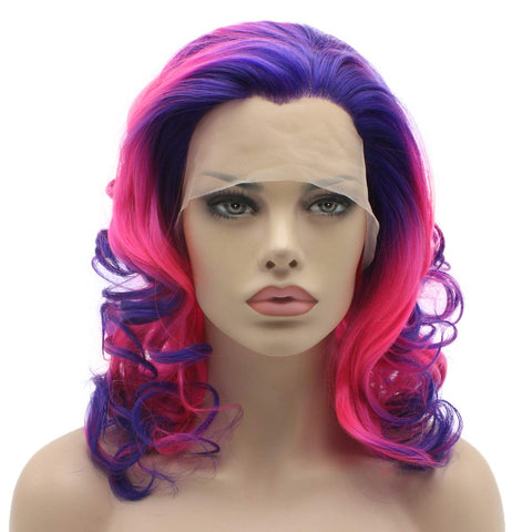Lushy Shoulder Length Two Tone Purple Rose Red Ombre Wig Heat Friendly Heavy Density Synthetic Lace Front Wig