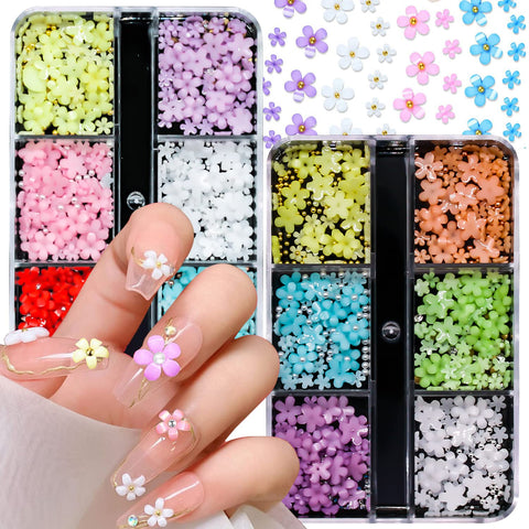 3d Flower for Nails, SILPECWEE Flower Nail Charms Caviar Beads Nail Pearls Rhinestones Nail Art Charms Nail Flower Design Nail Decorations for Acrylic Nails (2 Boxes)