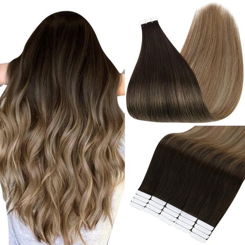 Full Shine 22" Tape in Hair Extensions Human Hair Ombre Balayage Hair Extensions Color #2 Fading to #6 and #18 Ash Blonde Highlighted Extensions Real Hair Glue in Extensions 50g 20Pcs Per Package