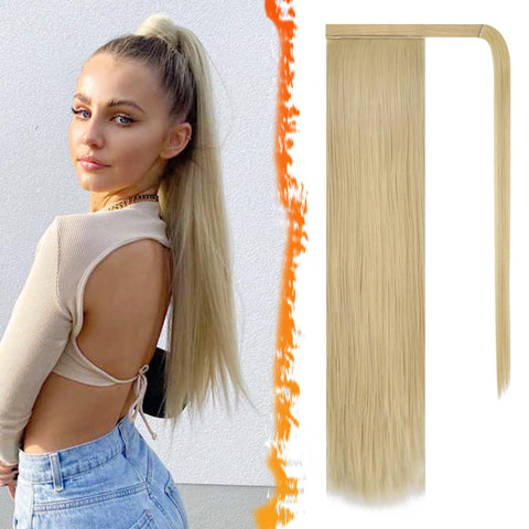 BARSDAR 26" Long Straight Wrap Around Synthetic Ponytail Clip in Hair Extensions One Piece Hairpiece Binding Pony Tail Extension for Women (24/613#Light Blonde mix Bleach Blonde Evenly)