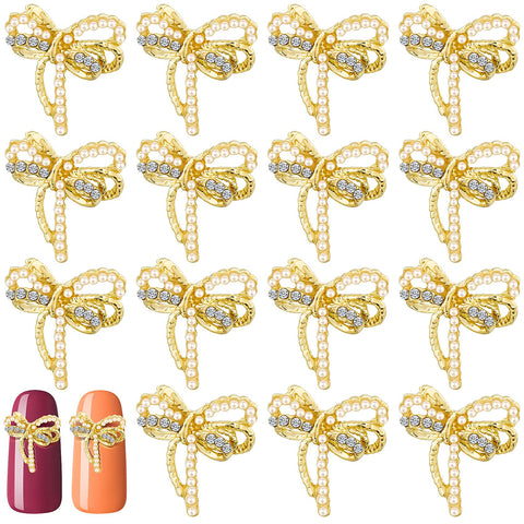 PAGOW 15pcs Bows Nail Art Decoration, 3D Bow Nail Rhinestones and Pearl Charms Gold Crystal Art Accessories for Women Girls DIY Long Nail Design ï¼ˆ0.53in x 0.53inï¼‰