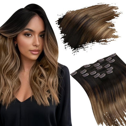 Ugeat 14inch Full Head Real Human Hair Extensions Balayage Ombre Color #2 Fading to #6 Brown with #12 Straight Remy Human Hair Clip in Extensions 10Pcs 120Gram: 14inch, 2#6#12