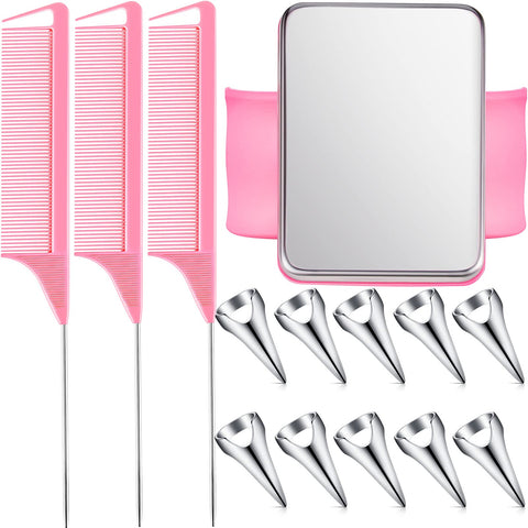 10 Pieces Hair Parting Ring 3 Pieces Steel Rat Tail Braiding Comb for Parting and Magnetic Wrist Pin Hair Parting Selecting Tool Parting Combs for Braiding (Pink Comb, Silver Hair Parting Ring)