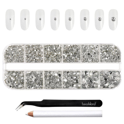 Beadsland 2500Pcs Glass Nailart Rhinestones Crystal Flatback Gems Round Crystal Rhinestones for Crafts Mixed 8 Sizes SS4~SS30 with Picking Tweezer and Pen (Clear)