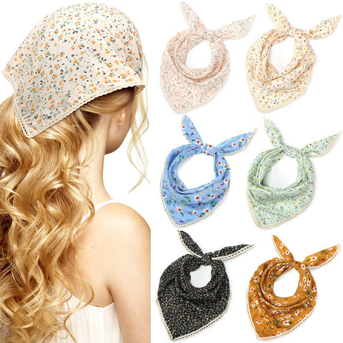 Dingion 6 Pcs Floral Hair Bandanas Head Kerchief Women Bandana Print Chiffon Hair Scarf Triangle Hair Kerchief with Ties, Classic Color, 6 Count (Pack of 1)