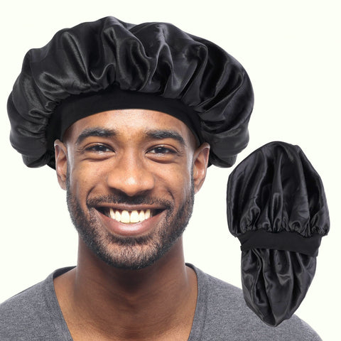 MoHern Bonnets for Men, Double Layer Satin Hair Bonnet for Sleeping, Reversible Night Cap, Black Bonnet for Curly Hair, Satin Bonnet for Black Men and Women, Black, Large