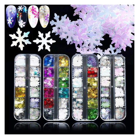 EBANKU 48 Color Holographic Snowflake Nail Sequins, Iridescent Snowflake Flake Nail Glitter Christmas Decoration Laser Sparkly Glitter for DIY Christmas DIY Gift (4 box/48 Grids)