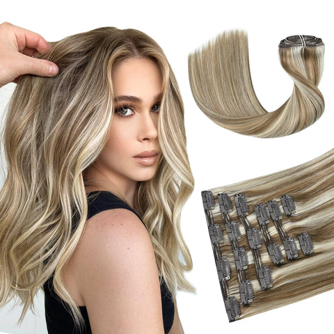120g 22 inch Hair Extensions Clip in Balayage Hair Extension Ombre Blonde Real Remy Human Hair Extensions Clip in Real Natural Hair Extensions 7 Pieces Silky Straight