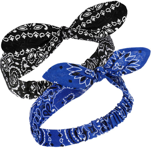 2 Pieces Bandana Headband for Women and Girls, Knot Retro Print Headbands Paisley Print Headband Headwrap Adjustable Headwrap (Black, Blue)