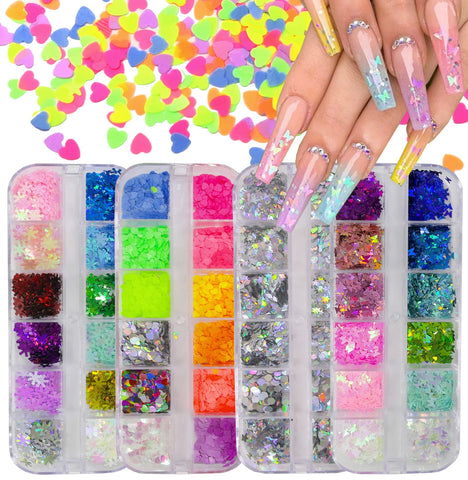 4 Boxes Holographic Butterfly Snowflakes Chunky Nail Glitter Flakes Neon Heart Sequins Confetti Resin Accesssories Manicure Tips Decorations for Nails Crafts Resin Makeup