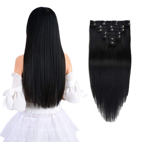 Clip In Hair Extensions Real Remy Hair Extensions Black Thick Full Head Clip In Straight Human Hair Extensions Long Double Weft Remy Clip on Hair For Black Women 8pcs 100g (20 inch, #1(Jet Black))