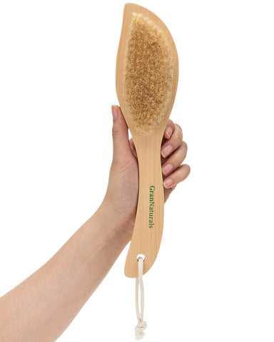 GranNaturals Dry Skin and Body Brush - 11.4 Inches - Improve Blood Circulation, Exfoliate Skin, Reduce Cellulite - Curved Natural Bristle Exfoliating Brush for Back, Legs, Feet
